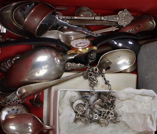 Mixed items including silver flatware, charm bracelet, wrist watch etc.